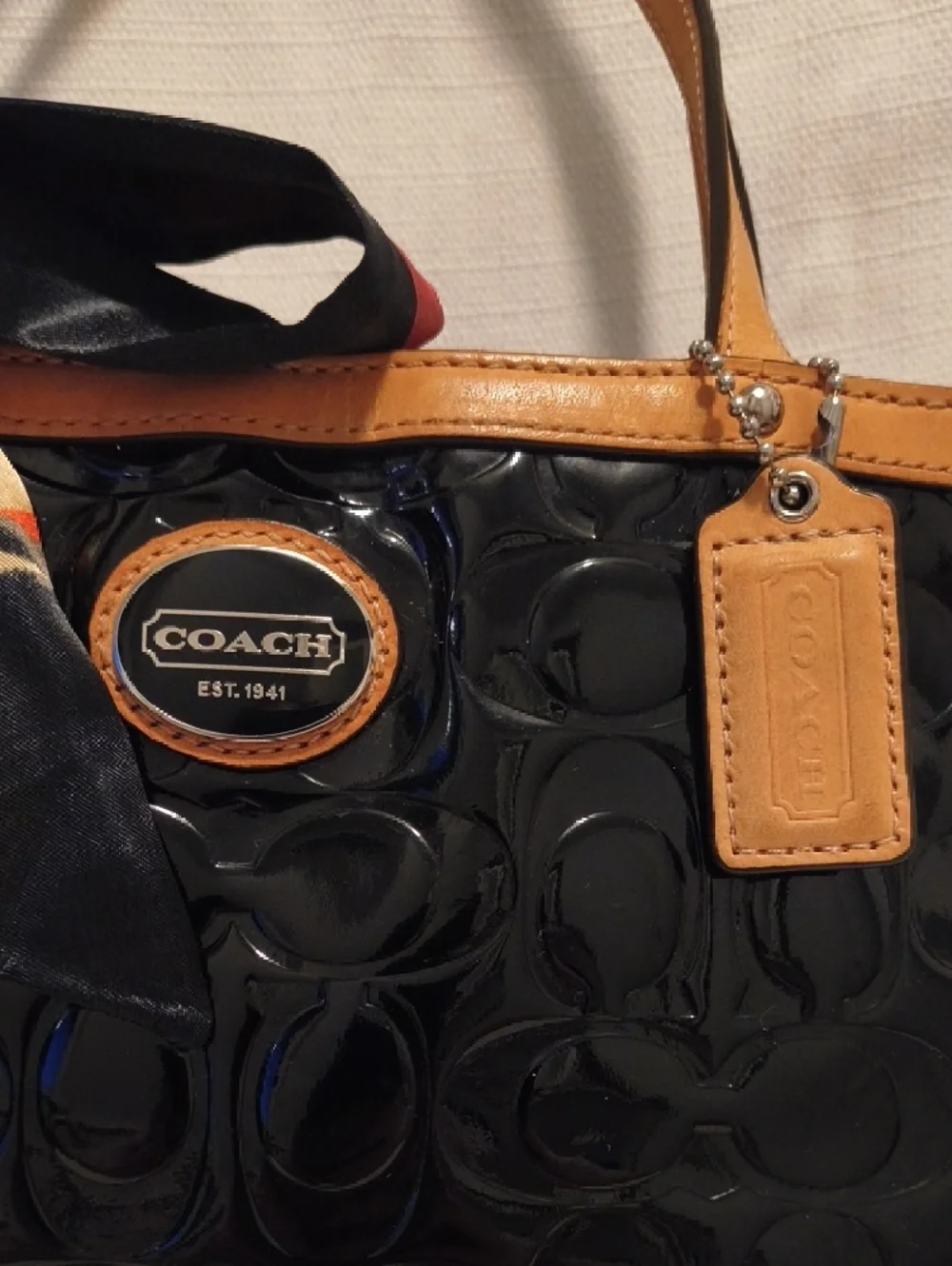 Coach Peyton Black Patent Mini Tote with Tan Trim and Floral Scarf - Picture 2 of 6